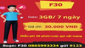 Gói F30 Viettel: Miễn phí gọi nội mạng và 3GB Data